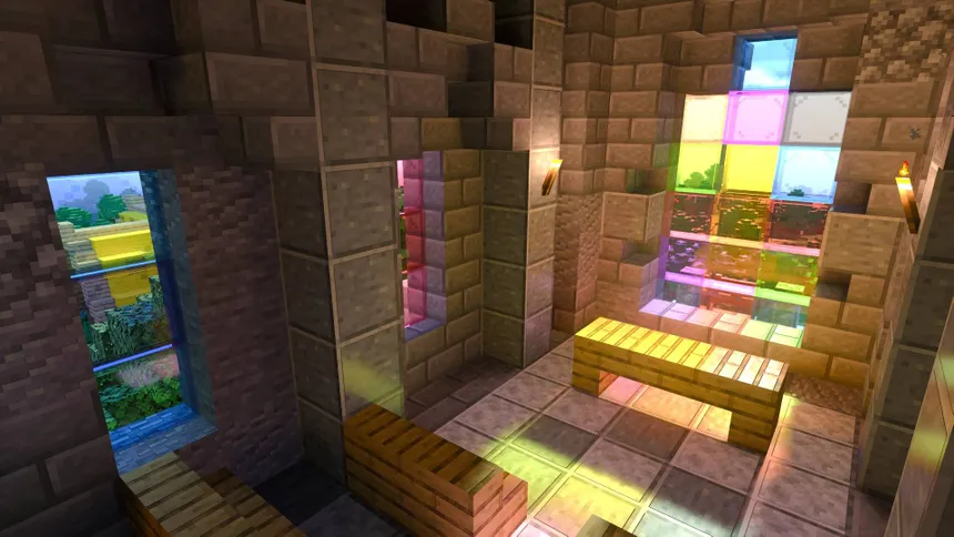 Architecture et intérieur Minecraft avec vitraux colorés